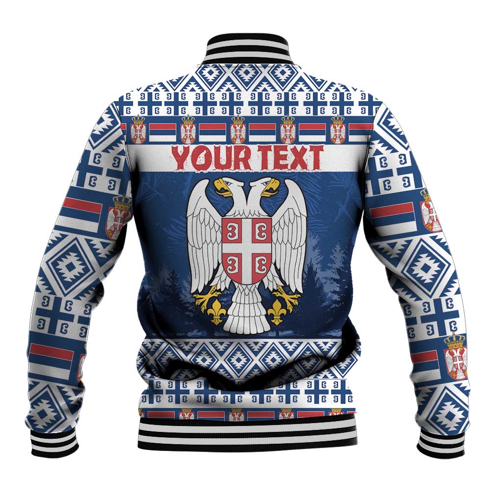 Serbia Christmas baseball jacket blue, back shows Your Text, crest eagle, ribbed cuffs