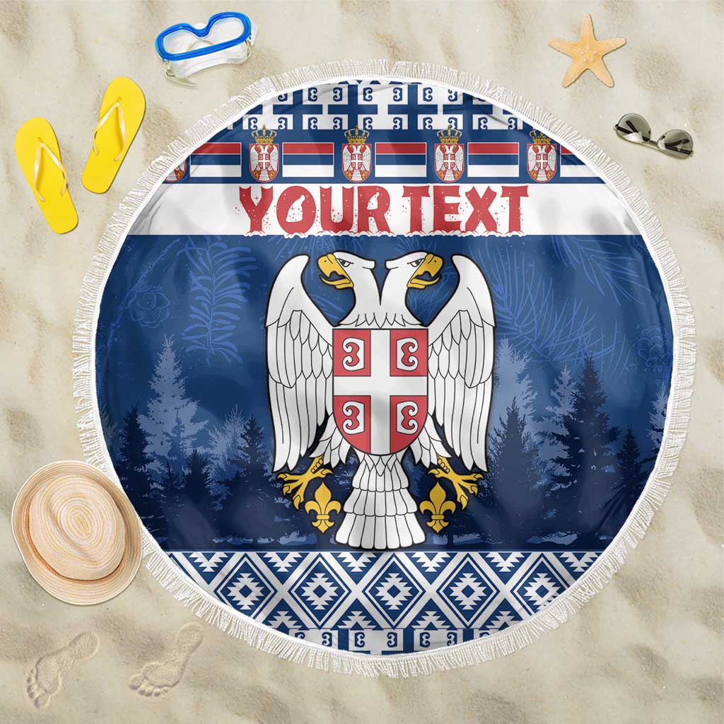 Round blue Serbia beach blanket with fringe, crest eagle and 'Your text' banner