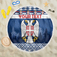 Round blue Serbia beach blanket with fringe, crest eagle and 'Your text' banner