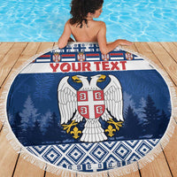 Round blue Serbia beach blanket with fringe, central crest eagle and 'Your text'