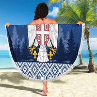 Blue Serbia beach blanket with fringe, oversized crest eagle graphic and 'Your text'