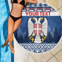 Blue Serbia beach blanket with fringe, crest eagle design with 'Your text' near pool