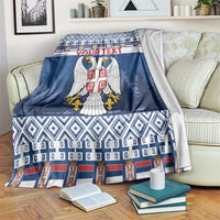 Blue personalized Serbia Christmas blanket with eagle coat of arms and diamond border