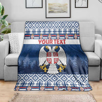 Blue Christmas blanket with eagle coat of arms, "YOUR TEXT", and pine tree print