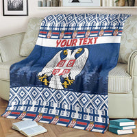 Blue Christmas blanket with eagle coat of arms, "YOUR TEXT", and navy diamond trim