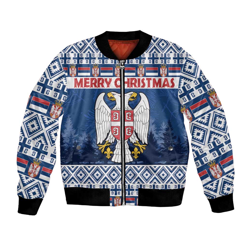 Blue Christmas bomber jacket with eagle coat of arms and 'MERRY CHRISTMAS' graphic