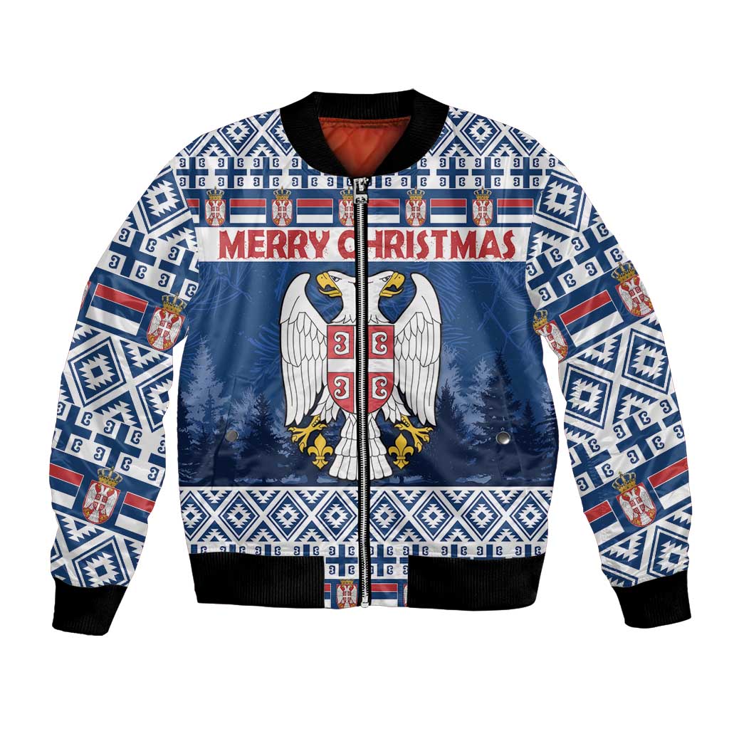 Personalized Serbia Christmas Bomber Jacket Coat Of Arms - Blue Version - Wonder Print Shop