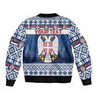 Blue bomber jacket with eagle coat of arms and editable 'YOUR TEXT' banner