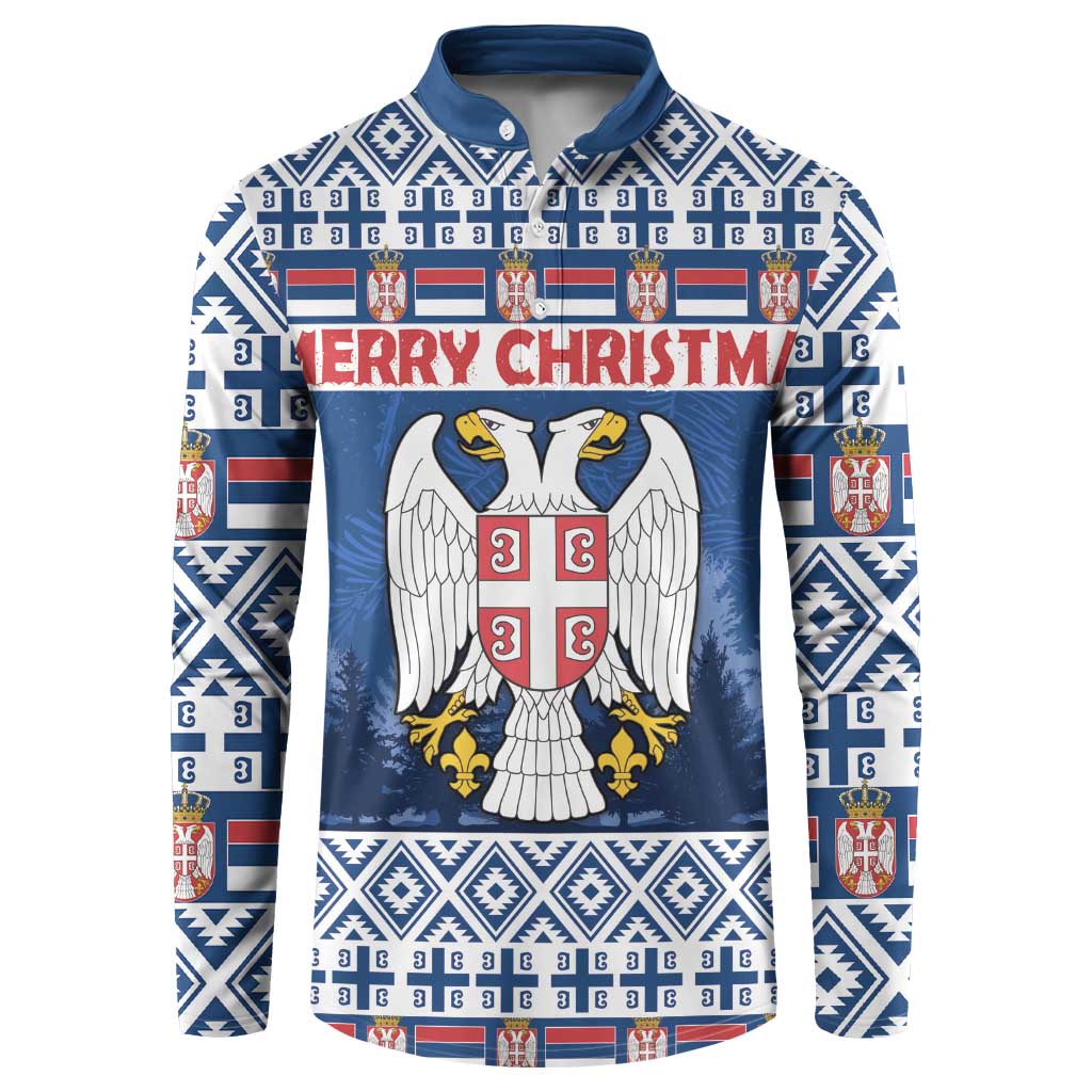 Blue henley sweatshirt with eagle coat-of-arms and Merry Christmas graphic