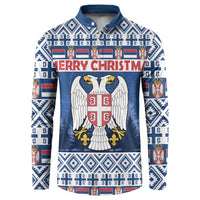 Blue henley sweatshirt with eagle coat-of-arms and Merry Christmas graphic
