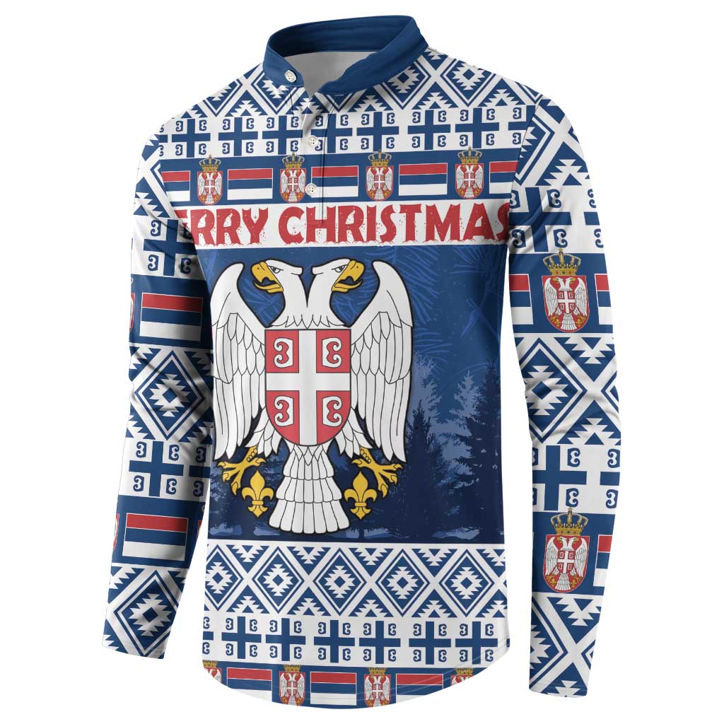 Blue button-up sweatshirt with eagle coat-of-arms and Merry Christmas text