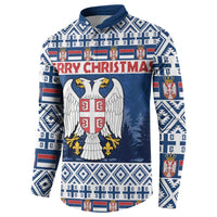 Blue button-up sweatshirt with eagle coat-of-arms and Merry Christmas text