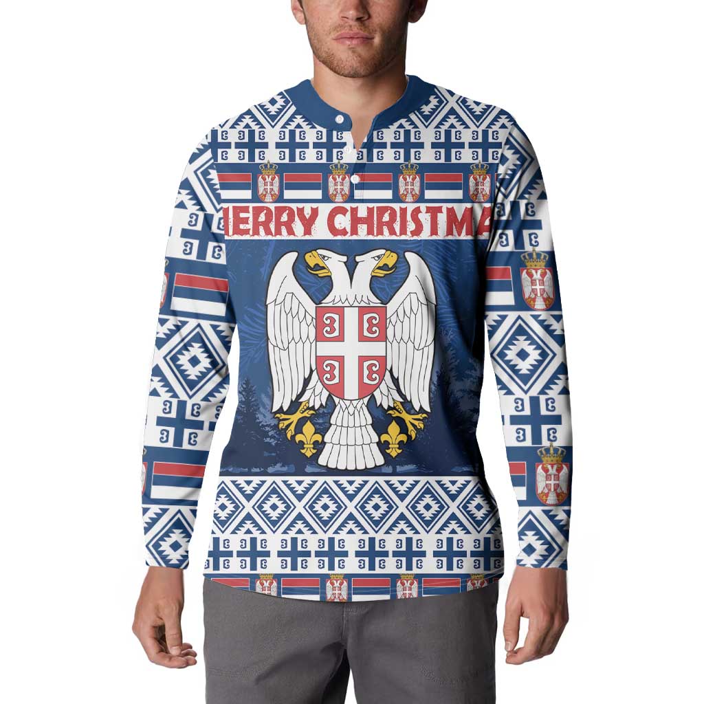 Blue henley sweatshirt with eagle coat-of-arms and Merry Christmas graphic on chest