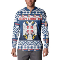 Blue henley sweatshirt with eagle coat-of-arms and Merry Christmas graphic on chest