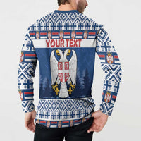 Back view: blue henley sweatshirt with eagle coat-of-arms and Your Text banner
