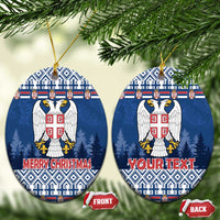 Blue ceramic round Christmas ornaments pair with coat of arms and Merry Christmas/Your Text