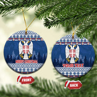 Blue ceramic Christmas ornaments: round front and heart back with coat of arms and Your Text
