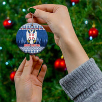 Blue ceramic Serbia coat of arms Christmas ornament, round, with Merry Christmas text