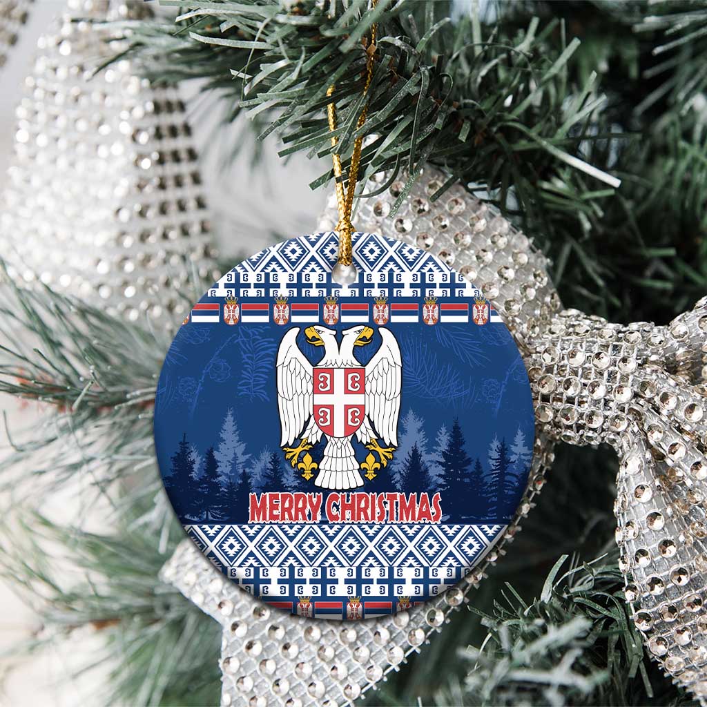 Blue round ceramic Christmas ornament with Serbia coat of arms and Merry Christmas