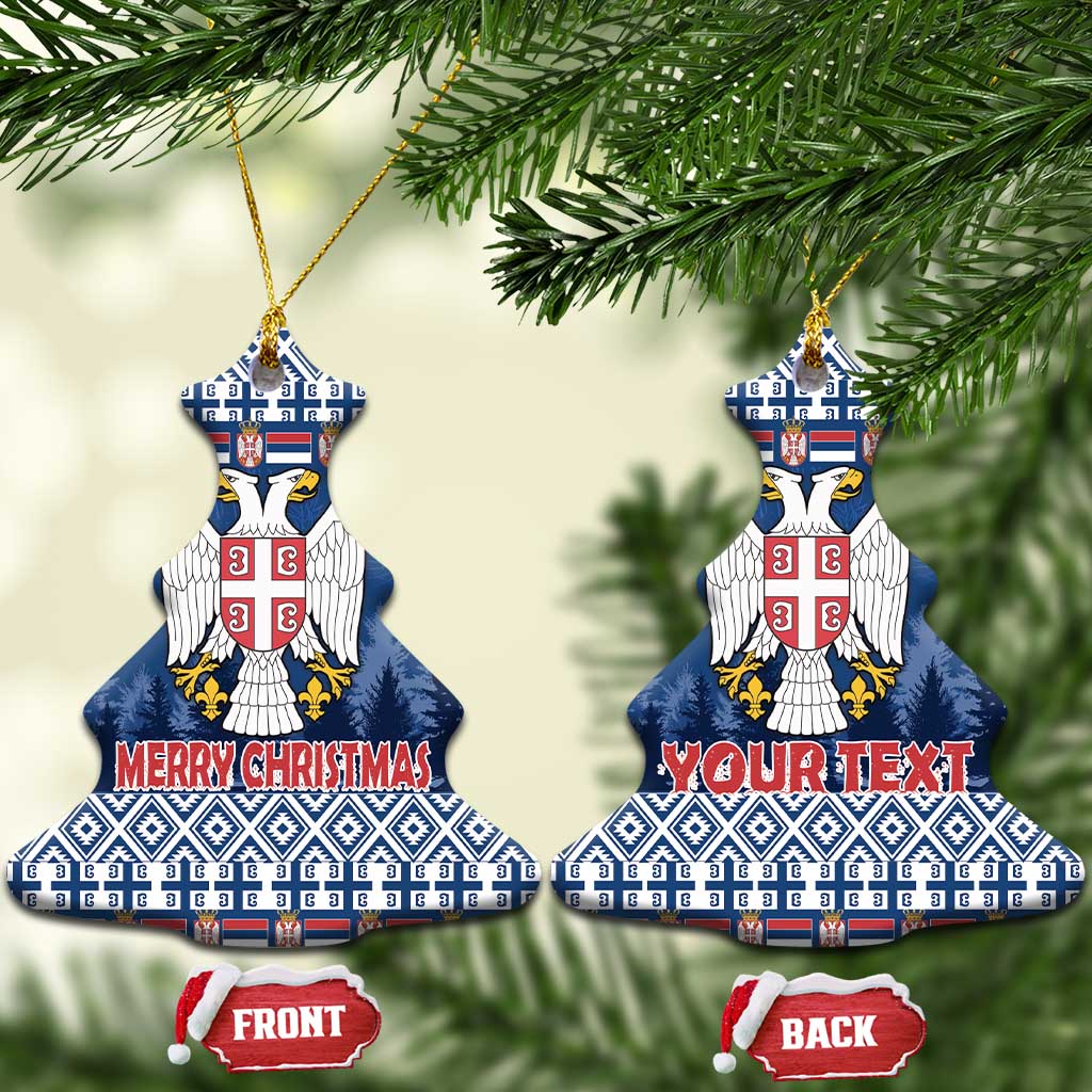 Blue ceramic heart Christmas ornament pair with coat of arms, Merry Christmas and Your Text