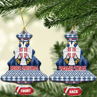 Blue ceramic heart Christmas ornament pair with coat of arms, Merry Christmas and Your Text
