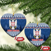 Blue ceramic heart Christmas ornaments: coat of arms front and Your Text back