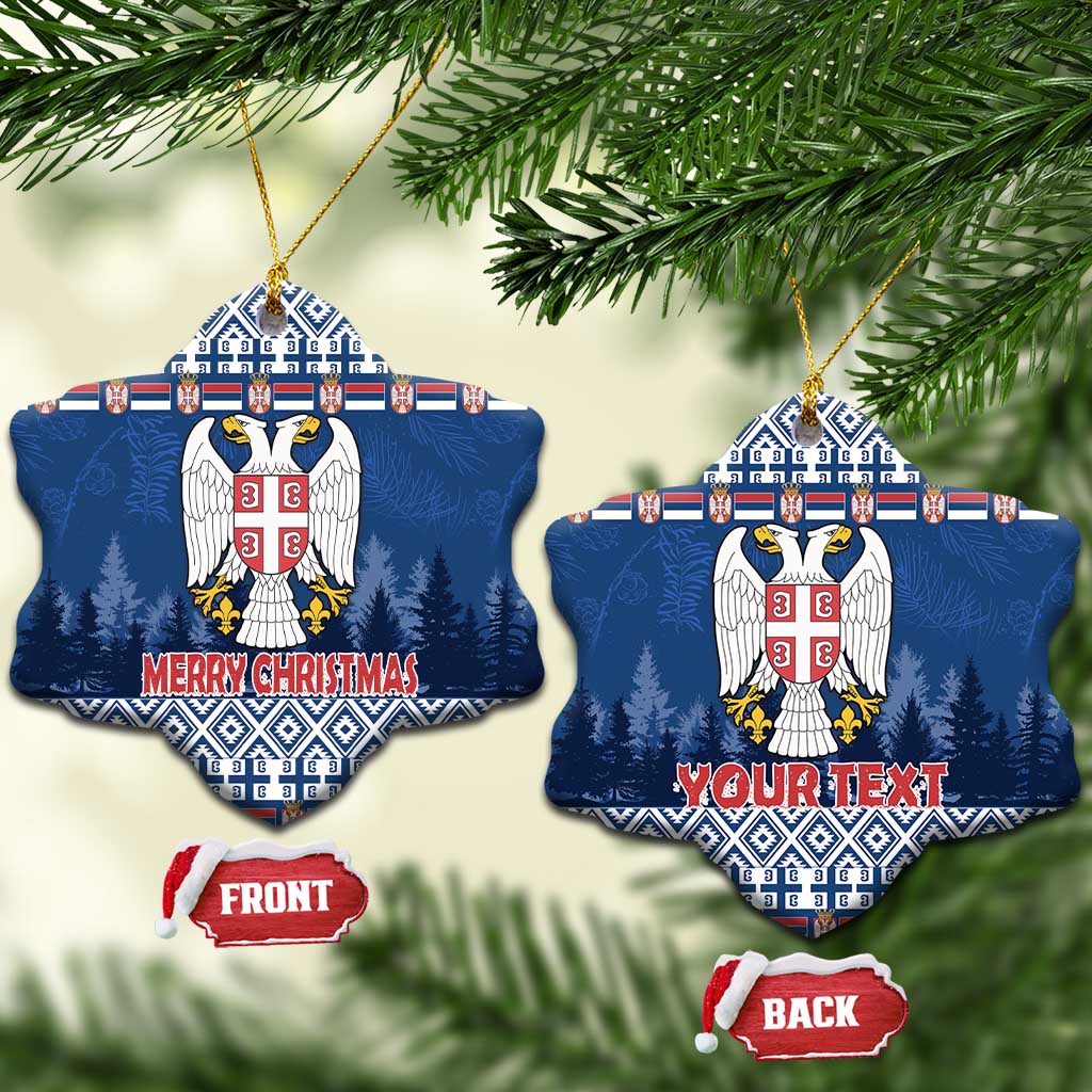 Blue ceramic sweater-shaped Christmas ornaments: coat of arms front and Your Text back