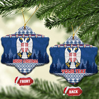 Blue ceramic sweater-shaped Christmas ornaments: coat of arms front and Your Text back