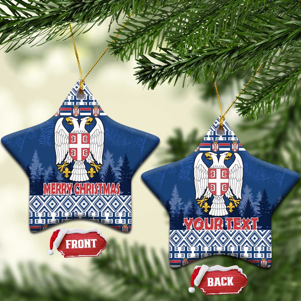Blue ceramic Christmas ornaments: star shapes with coat of arms and Merry Christmas/Your Text