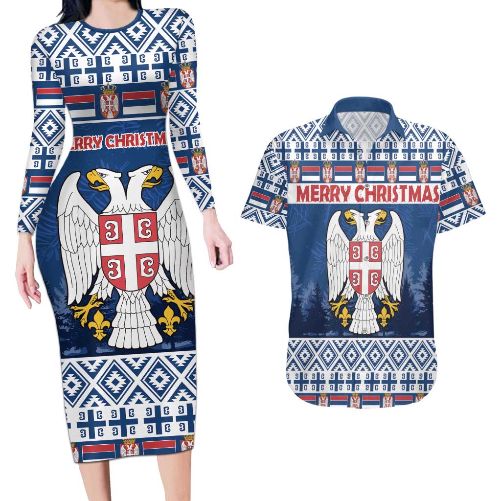 Personalized Serbia Christmas Couples Matching Long Sleeve Bodycon Dress and Hawaiian Shirt Coat Of Arms - Blue Version - Wonder Print Shop