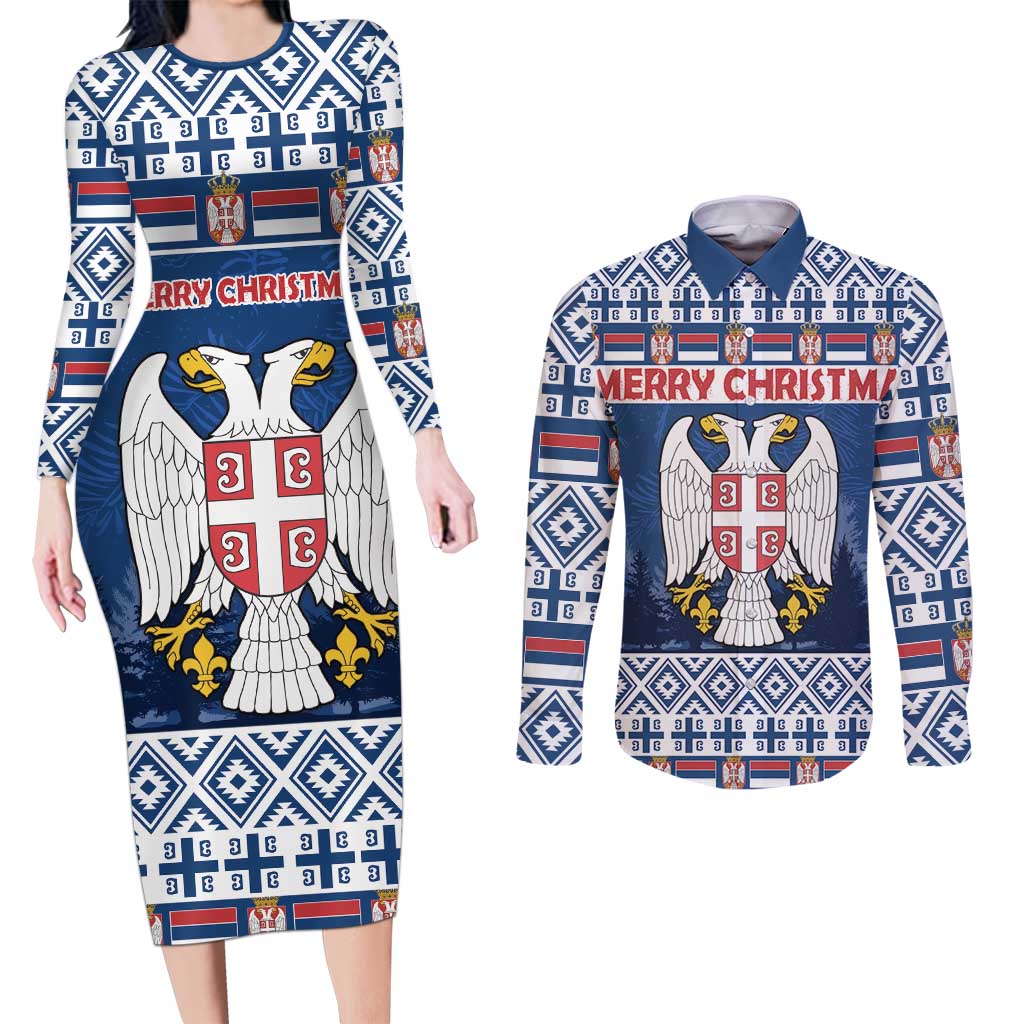 Personalized Serbia Christmas Couples Matching Long Sleeve Bodycon Dress and Long Sleeve Button Shirt Coat Of Arms - Blue Version - Wonder Print Shop