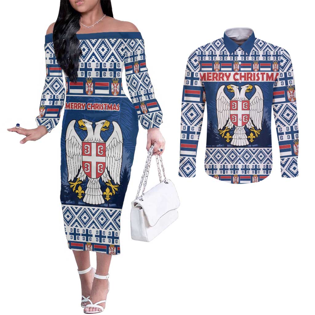 Personalized Serbia Christmas Couples Matching Off The Shoulder Long Sleeve Dress and Long Sleeve Button Shirt Coat Of Arms - Blue Version