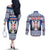 Personalized Serbia Christmas Couples Matching Off The Shoulder Long Sleeve Dress and Long Sleeve Button Shirt Coat Of Arms - Blue Version