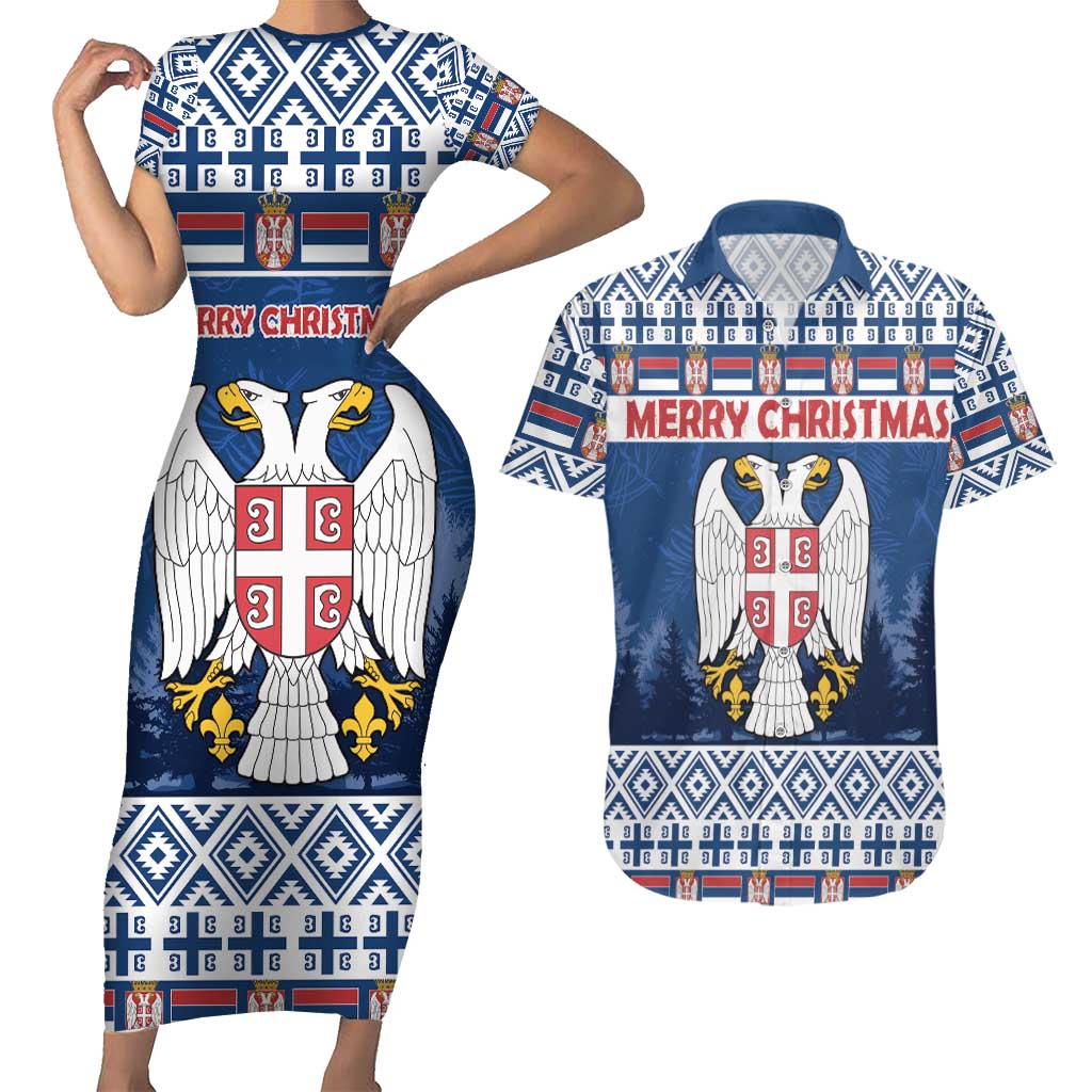 Personalized Serbia Christmas Couples Matching Short Sleeve Bodycon Dress and Hawaiian Shirt Coat Of Arms - Blue Version - Wonder Print Shop