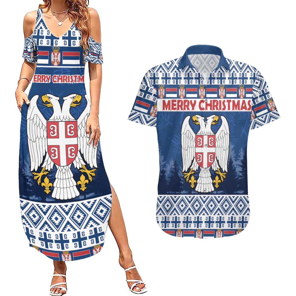 Personalized Serbia Christmas Couples Matching Summer Maxi Dress and Hawaiian Shirt Coat Of Arms - Blue Version - Wonder Print Shop