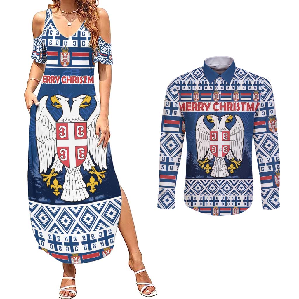 Personalized Serbia Christmas Couples Matching Summer Maxi Dress and Long Sleeve Button Shirt Coat Of Arms - Blue Version - Wonder Print Shop