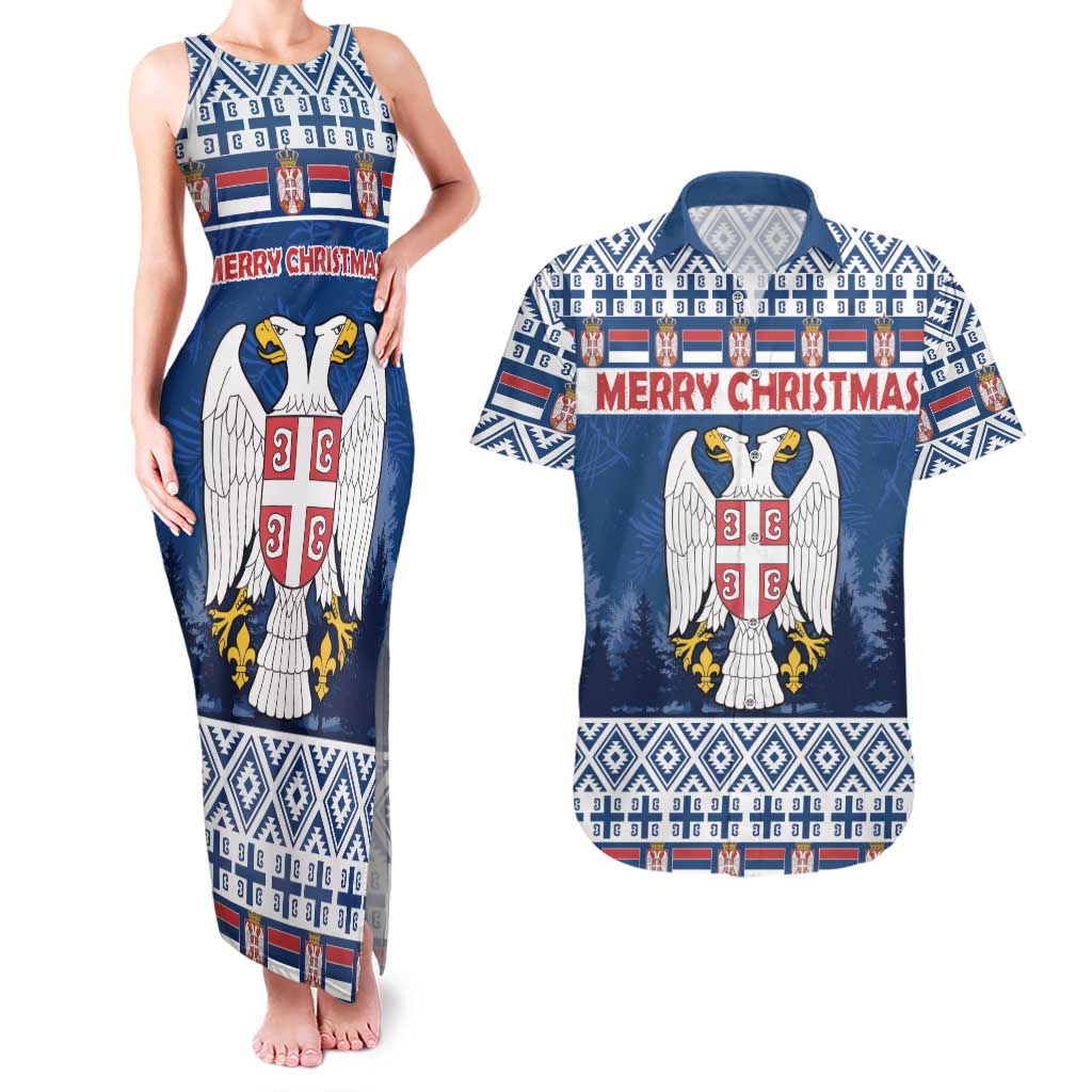 Personalized Serbia Christmas Couples Matching Tank Maxi Dress and Hawaiian Shirt Coat Of Arms - Blue Version - Wonder Print Shop