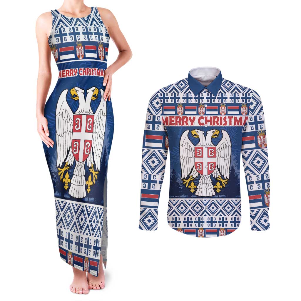 Personalized Serbia Christmas Couples Matching Tank Maxi Dress and Long Sleeve Button Shirt Coat Of Arms - Blue Version - Wonder Print Shop