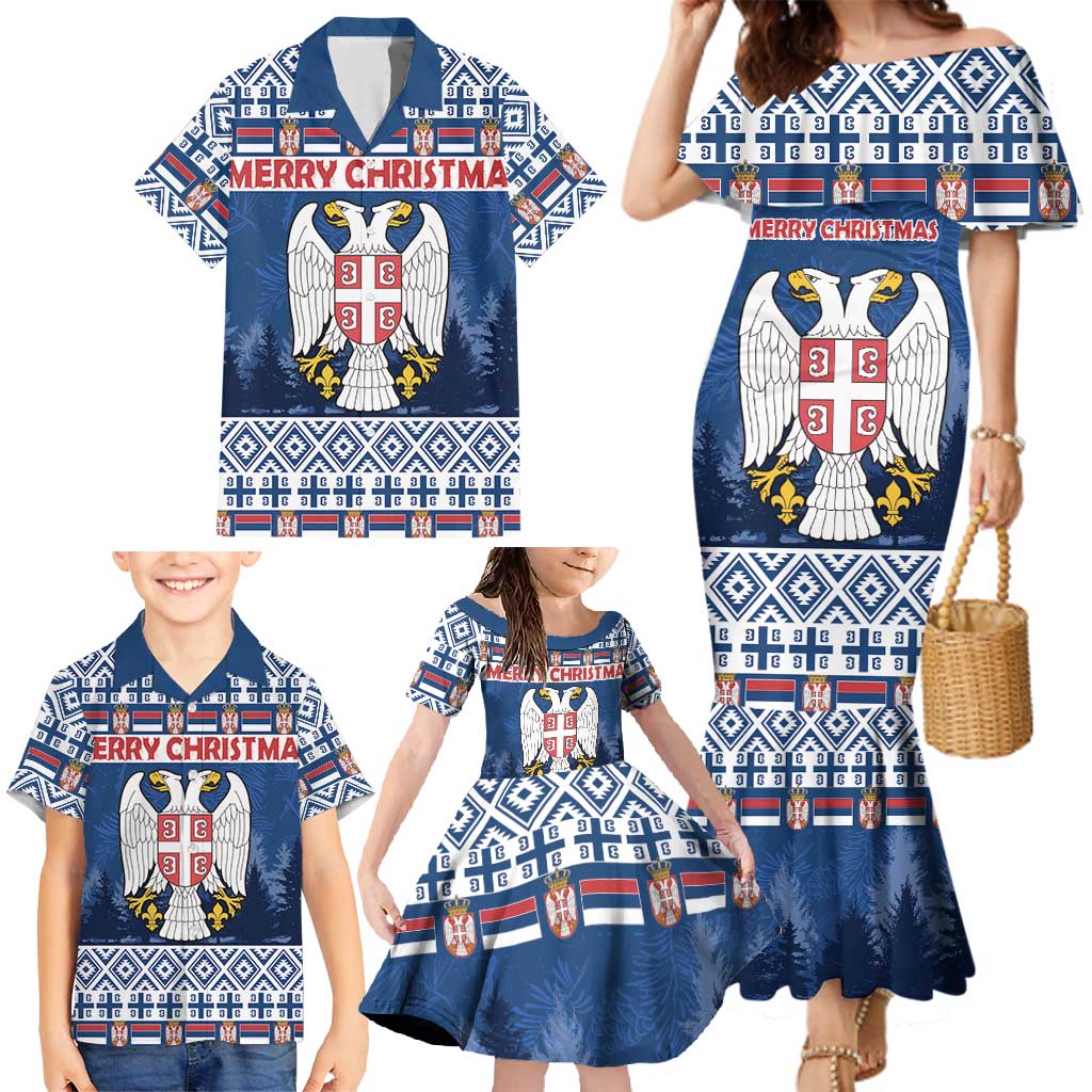 Personalized Serbia Christmas Family Matching Mermaid Dress and Hawaiian Shirt Coat Of Arms - Blue Version - Wonder Print Shop