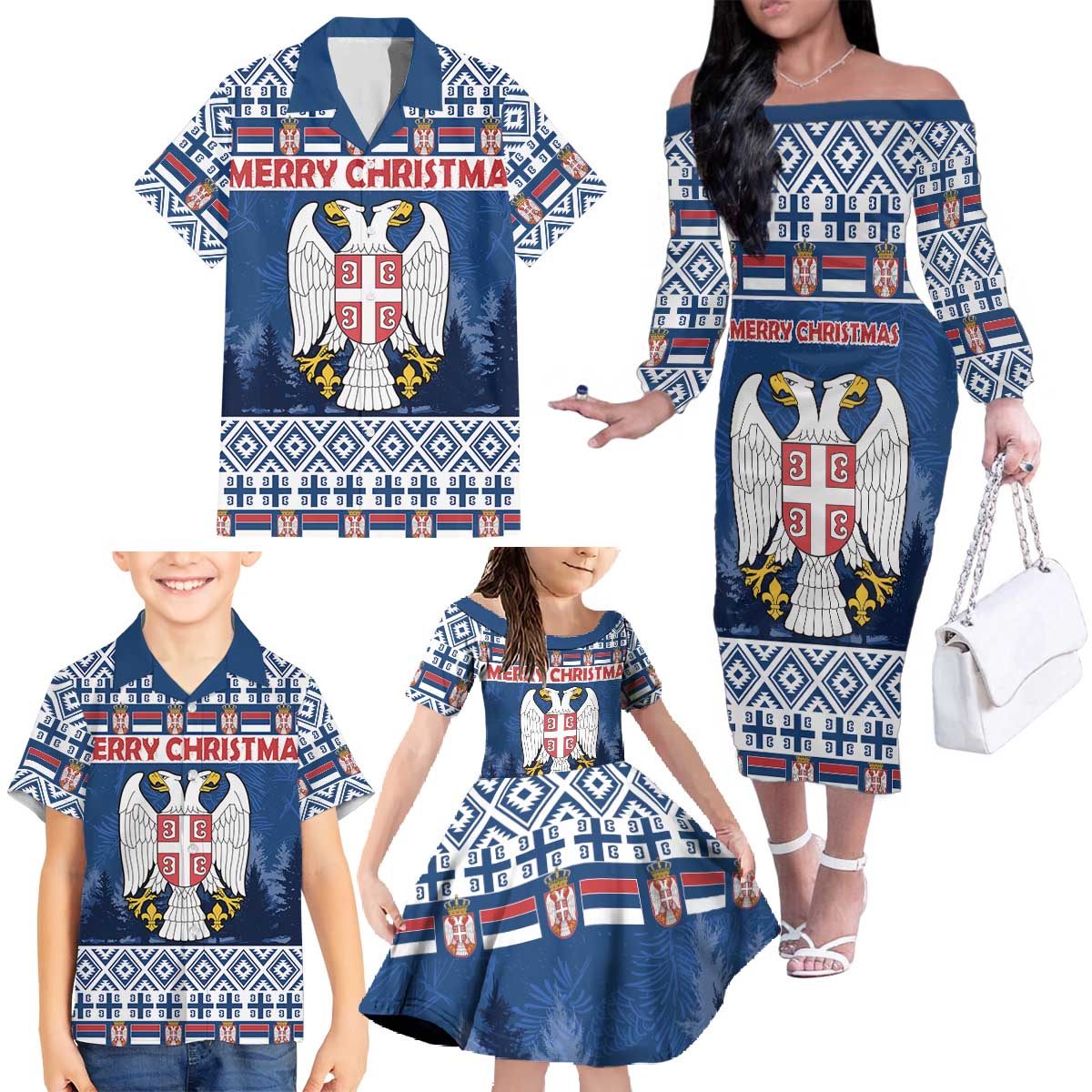 Personalized Serbia Christmas Family Matching Off The Shoulder Long Sleeve Dress and Hawaiian Shirt Coat Of Arms - Blue Version - Wonder Print Shop