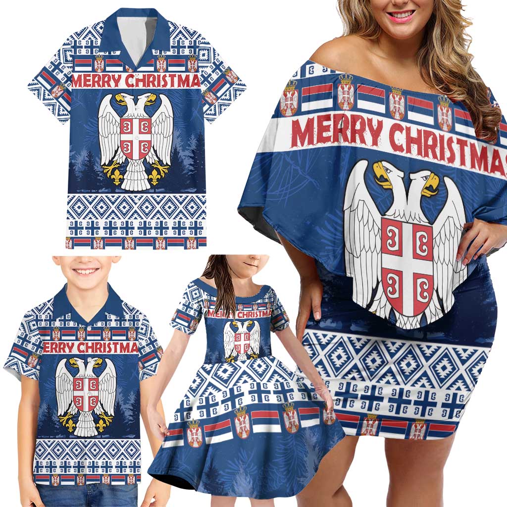 Personalized Serbia Christmas Family Matching Off Shoulder Short Dress and Hawaiian Shirt Coat Of Arms - Blue Version - Wonder Print Shop