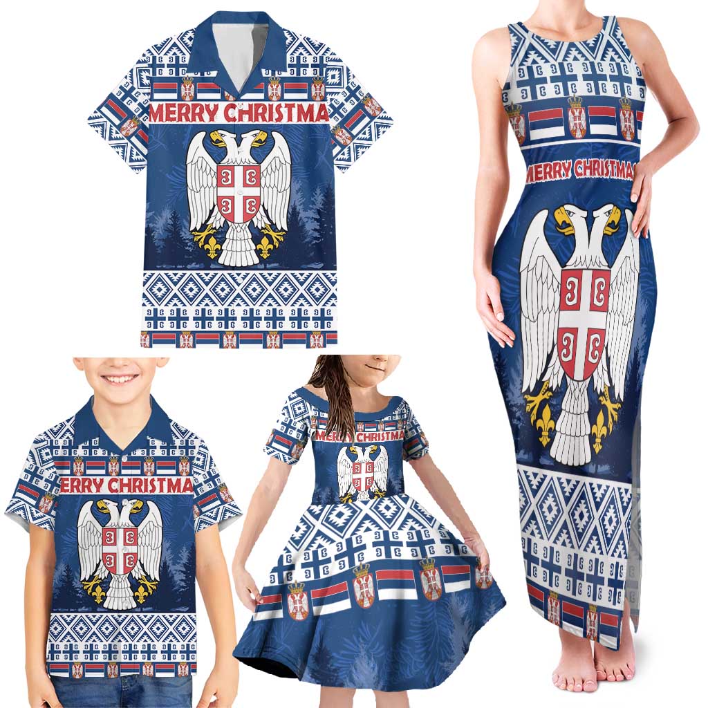 Personalized Serbia Christmas Family Matching Tank Maxi Dress and Hawaiian Shirt Coat Of Arms - Blue Version - Wonder Print Shop