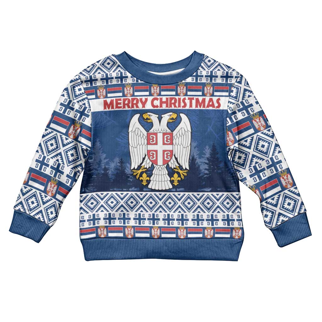 Personalized Serbia Christmas Kid Ugly Christmas Sweater Coat Of Arms - Blue Version - Wonder Print Shop