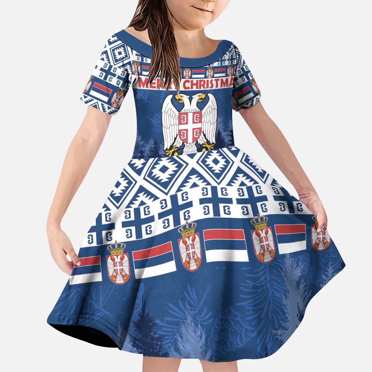 Personalized Serbia Christmas Kid Short Sleeve Dress Coat Of Arms - Blue Version - Wonder Print Shop