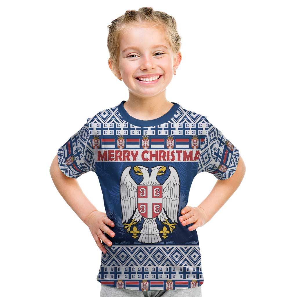 Personalized Serbia Christmas Kid T Shirt Coat Of Arms - Blue Version - Wonder Print Shop