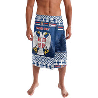 Blue personalized lavalava wrap skirt with Serbia coat of arms and custom text