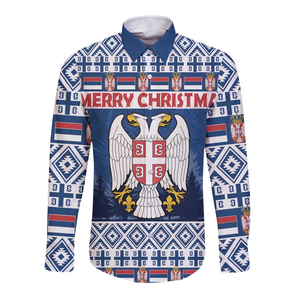 Blue long sleeve button shirt with Serbian coat of arms and 'MERRY CHRISTMAS' print