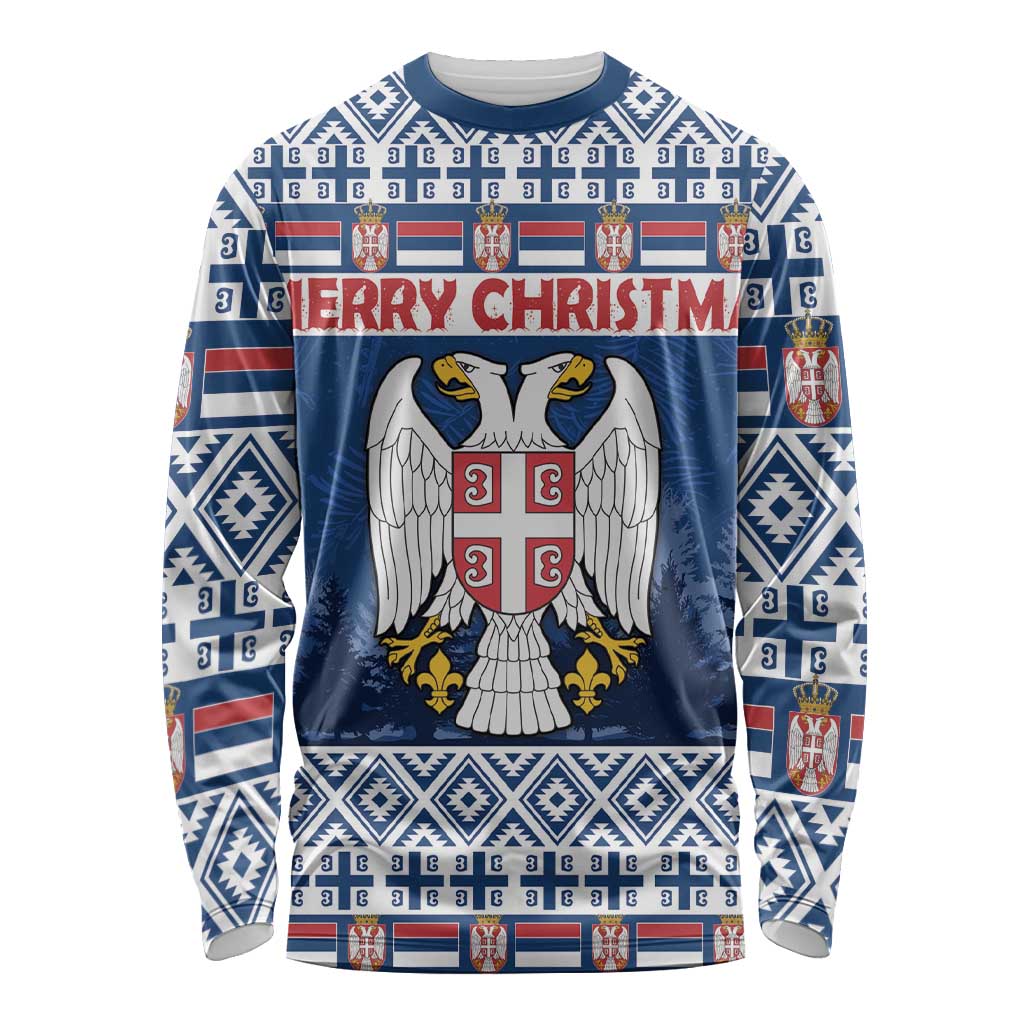 Personalized Serbia Christmas Long Sleeve Shirt Coat Of Arms - Blue Version - Wonder Print Shop