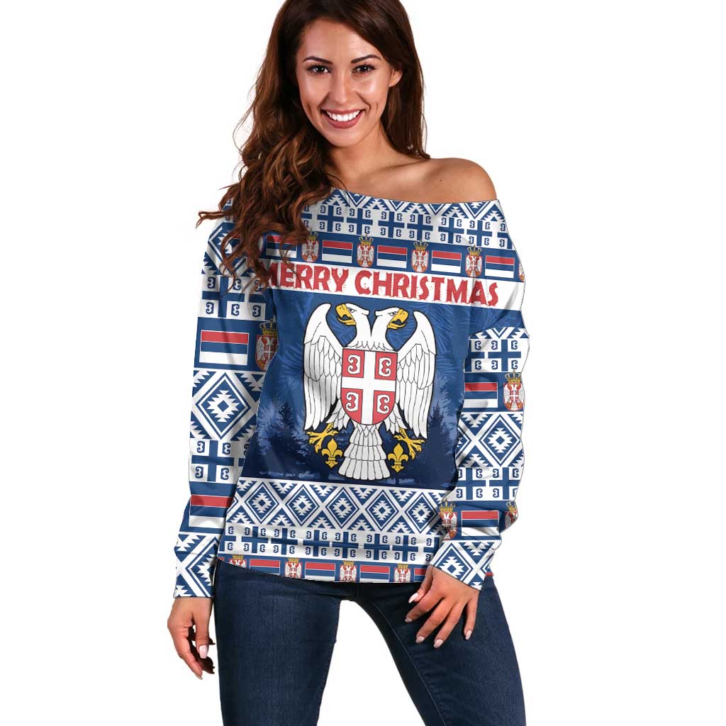 Personalized Serbia Christmas Off Shoulder Sweater Coat Of Arms - Blue Version - Wonder Print Shop