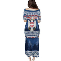 Blue long dress, short sleeves; back shows 'YOUR TEXT' and Serbia coat-of-arms crest